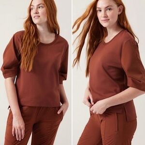 Athleta HARLOW HYBRID TEE puff sleeve cotton ancient mahogany brown size xs